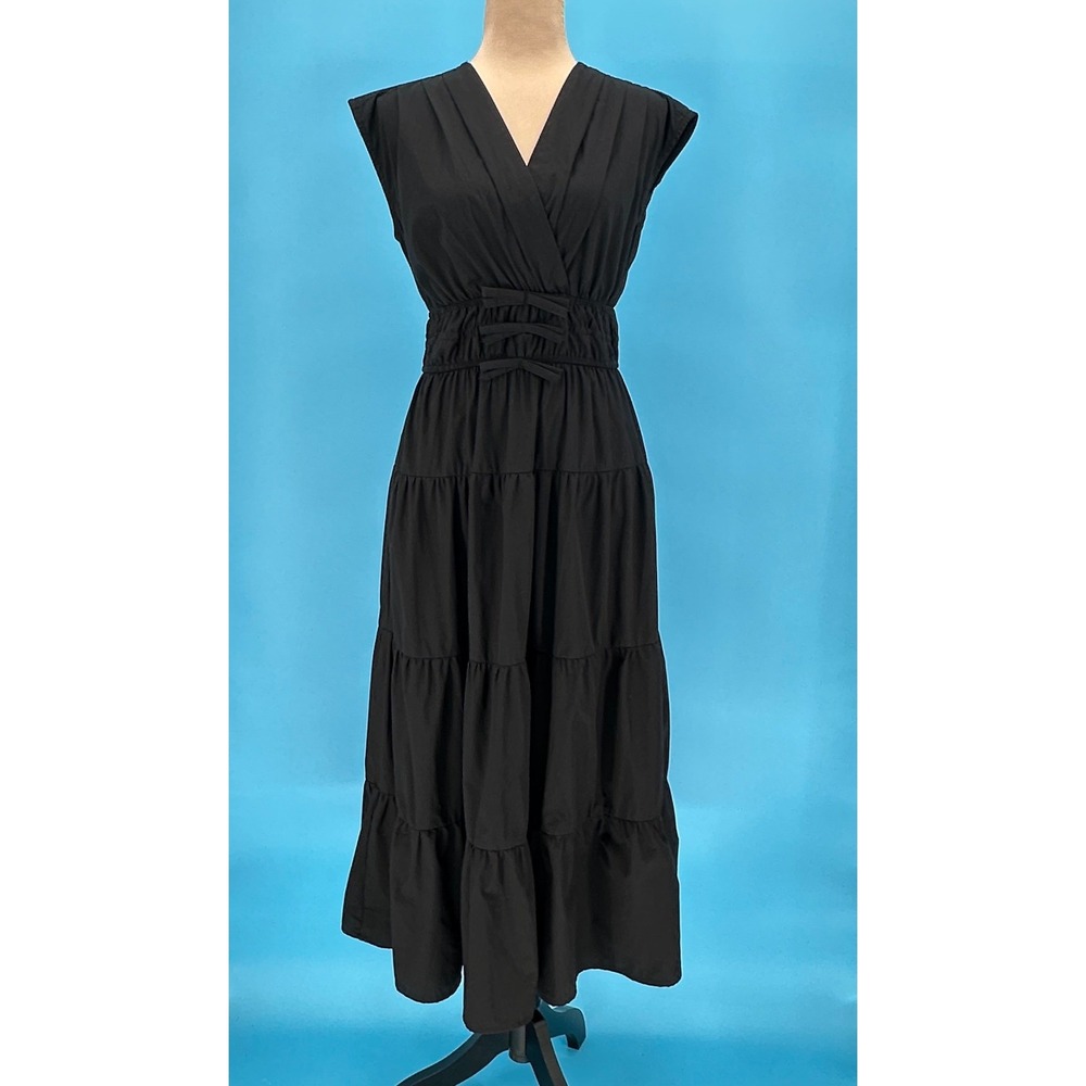 Meadow Rhodes Black Tiered Midi Dress Smocked Waist V-Neck Sleeveless Small